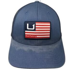 Huk Trucker Hat Blue Red Mesh Adjustable OS Snapback Fishing Patch Flag Logo